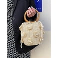 thumbnail image 6 of Kukuzhu Summer Straw Bag for Women Pearl Flower Bucket Tote Bag Diamond Handbag Hand Woven Rattan Shell Purse Drawstring, 6 of 7