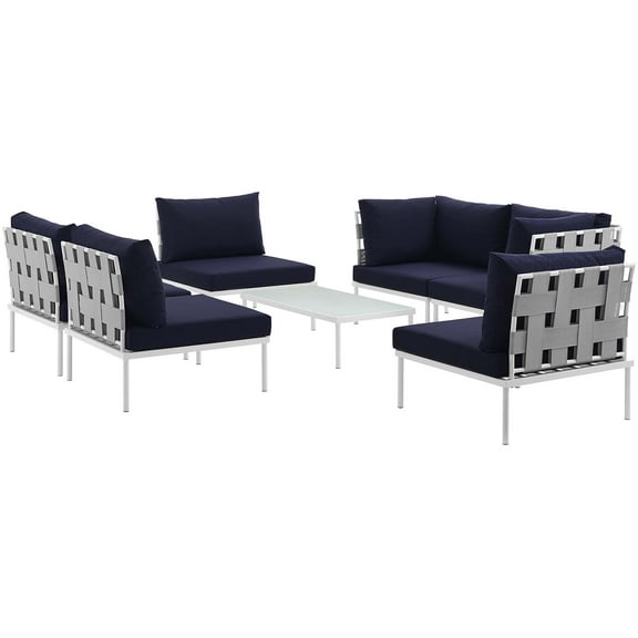 Modern Contemporary Urban Design Outdoor Patio Balcony Seven PCS Sectional Sofa Set, Navy Blue White, Rattan