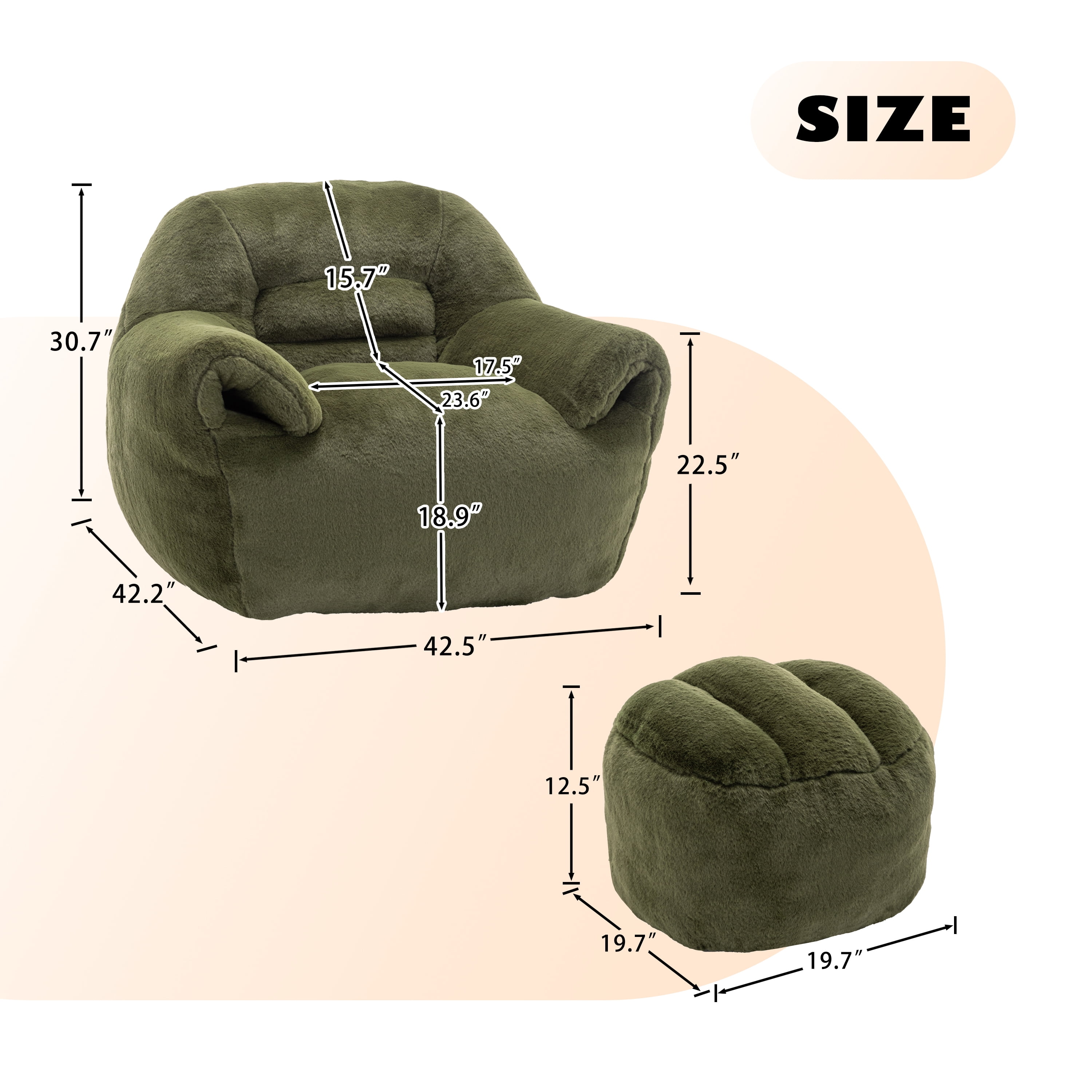 Leumius Bean Bag Sofa with Footstool,Faux Fur Bean Bag Chair Floor Sofa with Back Support for Living Room, Bedroom, Apartment,Green
