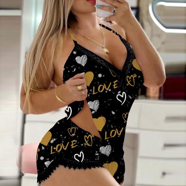 MKLEKYY conjunto de 2 Piezas de Camisola Sexy Informal para Mujer, Pantalones Cortos Estampados, Ropa de Dormir de Encaje Sin Espalda, Lencería con Ribete, Pantalones Cortos, Traje