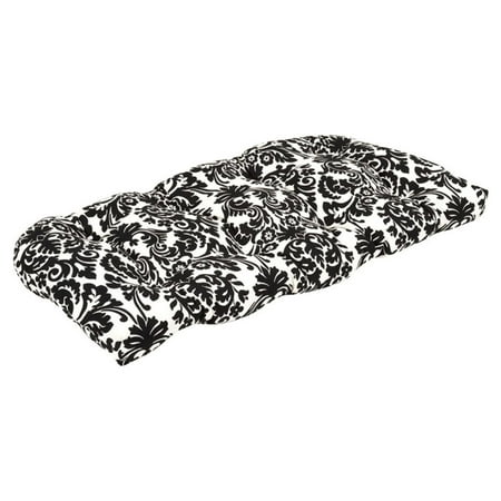 Outdoor Patio Furniture Wicker Loveseat Cushion - Dramatic Black & Cream Damask