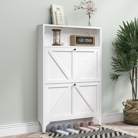 Shoe Cabinet with 3 Flip Drawers, Narrow Shoe Storage Cabinet, Farmhouse Shoe Organizer, Freestanding Organizer with Metal Legs for Entryway, Foyer (2 Door, White)