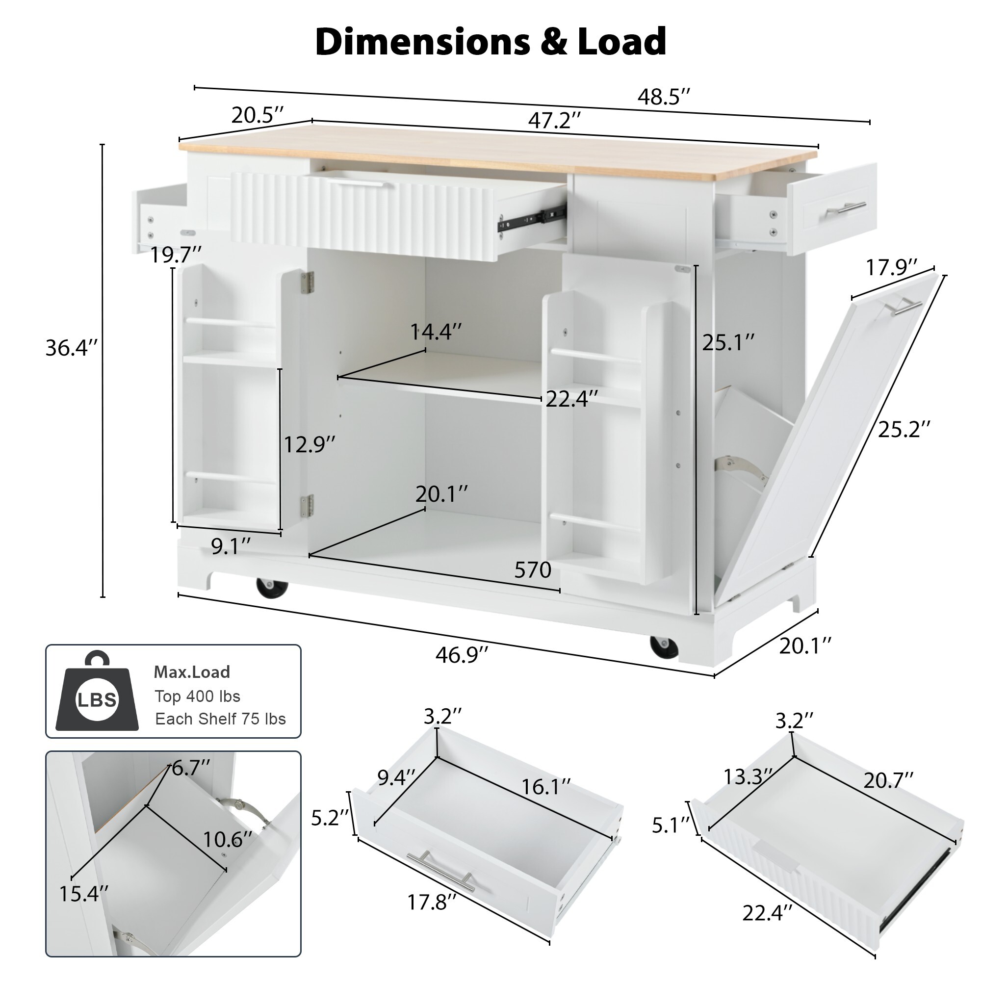 AENKYO Fluted Kitchen Island with Trash Can Storage Cabinet, Power Outlet, Internal Storage Rack, Rolling Kitchen Islands on 5 Wheels with 3 Drawer, 3 Open Side Racks for 10 Gallon Garbage Bin,White