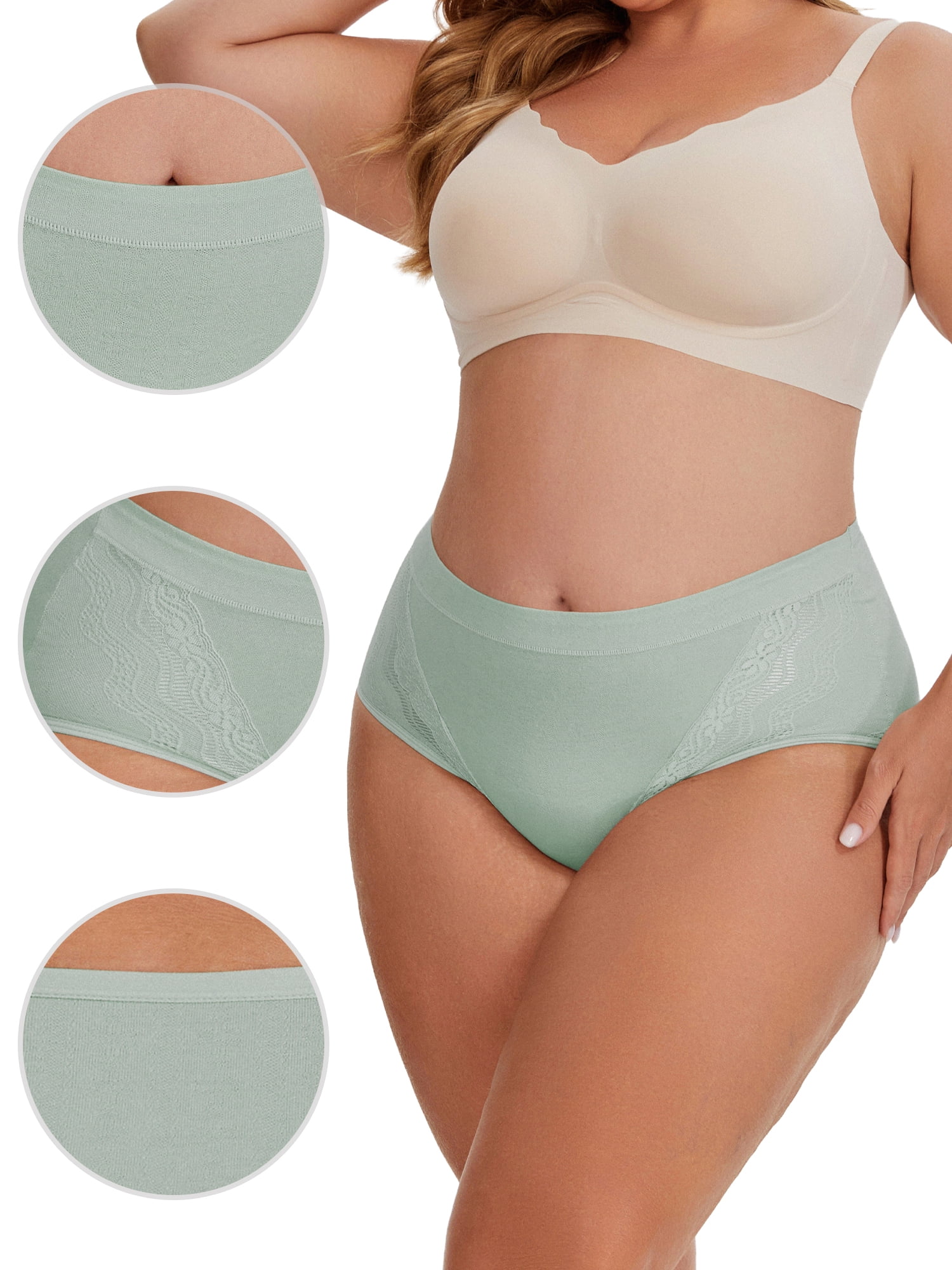 DARING DIVA Women's High Rise Cotton Underwear Full Coverage Lace Briefs 3XL Green
