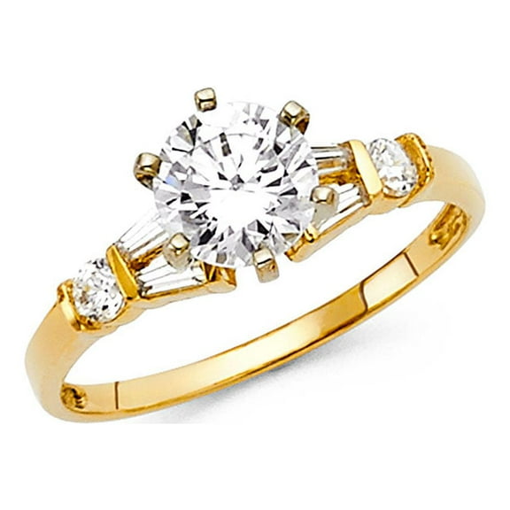 Round CZ Engagement Ring 14k Yellow Gold Anniversary CZ Solitaire Ring Bridal Band Side Stones, Size 7