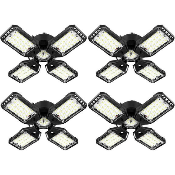 LED Garage Lights 12000 Lumen 4-Pack 6500K Shop Light with Deformable Panels for Ceiling E26/E27 Base