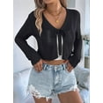 thumbnail image 2 of Women'S Light-Weight Shrugs Crochet Sweaters Tie Front 3/4 Sleeve Cropped Cardigan for Spring Summer Black XL, 2 of 8