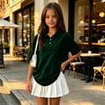 thumbnail image 2 of Children Polo Shirts Short Sleeve Collared Shirt with Pocket 3 Buttons Hem Slit Top for Unisex Casual Loose Summer Top for School Uniform Tee Dark Green 120, 2 of 6