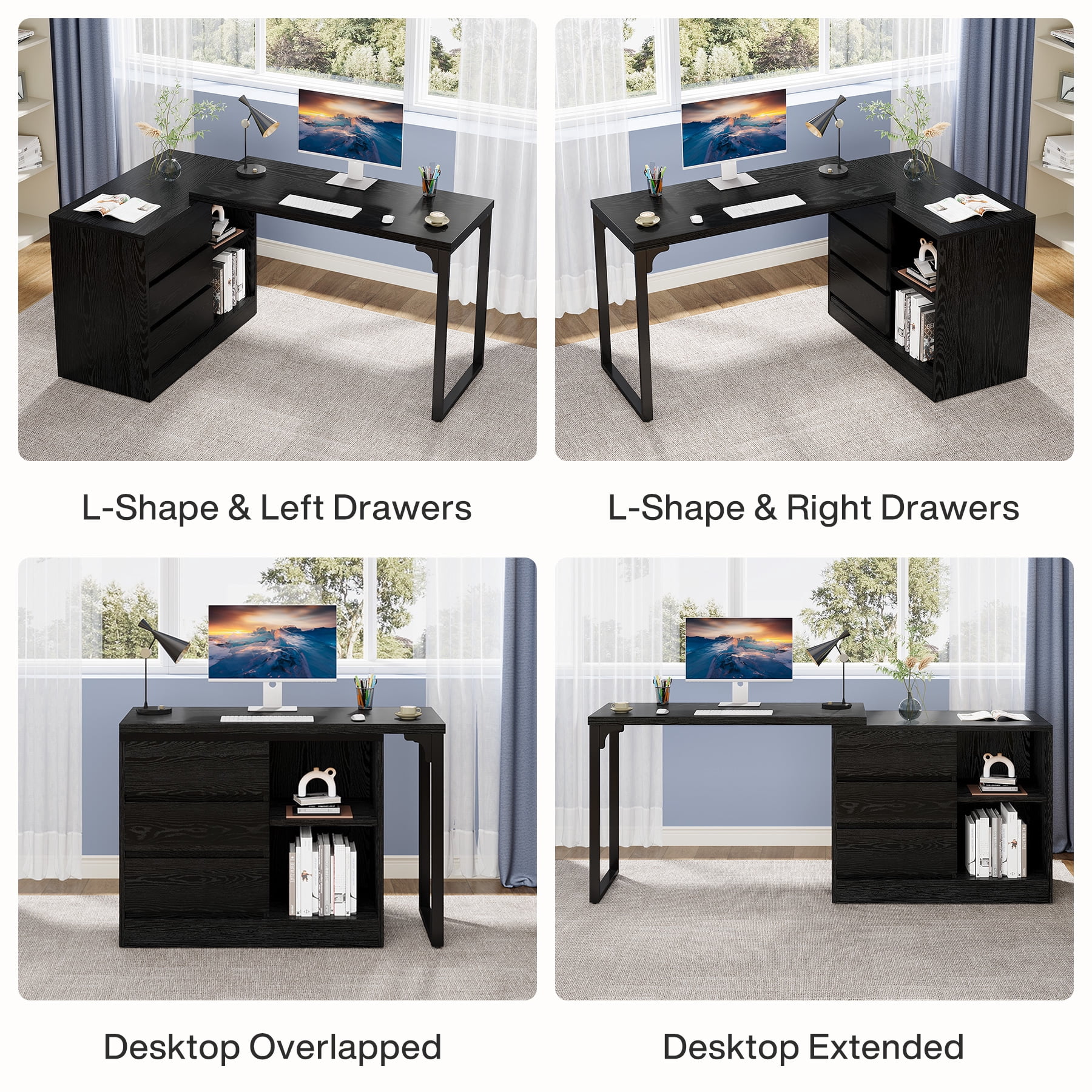Tribesigns L-Shaped Computer Desk with Drawers and Shelves, Reversible Corner Office Desk with Storage Cabinet, Modern Study Writing Table for Home Office, Bedroom (Black)