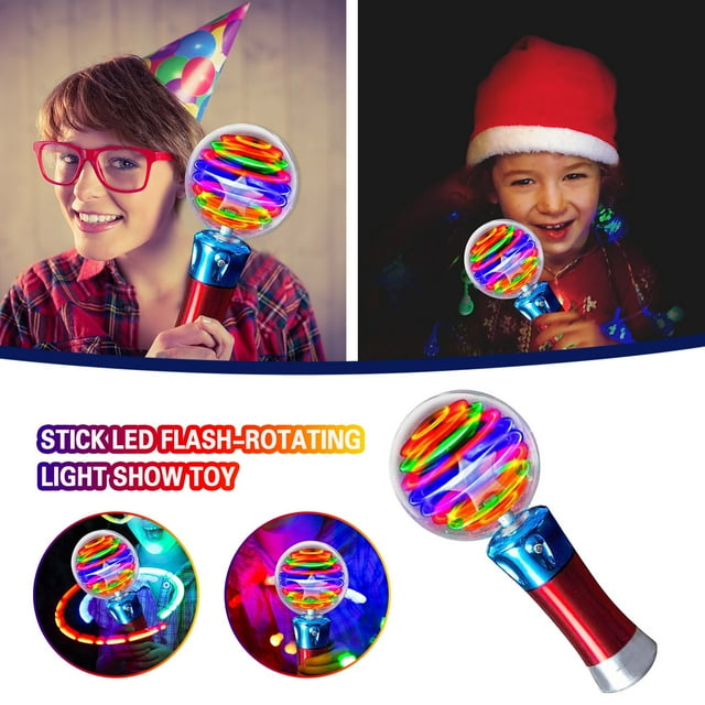 Riforla Children's Luminous Magic Ball Toy Stick LED Flash-Rotating Light Show Toy in multicolor. This light-up wand features a spinning LED display encased in a clear spherical top, attached to a metallic red and blue handle. Ideal for imaginative play, parties, and as a novelty gift for children aged 3 and above.