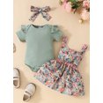thumbnail image 2 of vera natura Baby Girls Summer Outfit Ribbed Short Sleeves Rompers and Floral Suspender Skirt Headband 3 Piece Clothes Set, 2 of 9