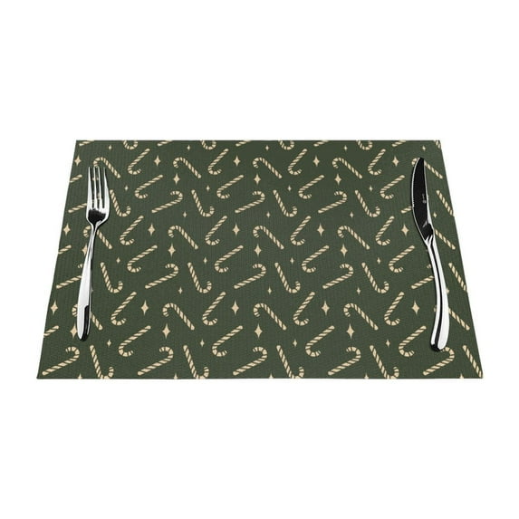 XMXT 4 Pcs Woven Placemats, Gold Cane Candy Green Print Stain Resistant Anti-Skid Placemat for Kitchen Table, 12 x 18 inches