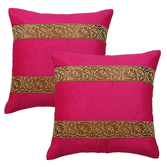 Stylo Culture Indian Chair Seat Throw Pillow Covers Jacquard 16x16 Brocade Magenta Zippered 40cm x 40cm Living Room Satin Velvet Floral Square Cushion Covers | Set Of 2
