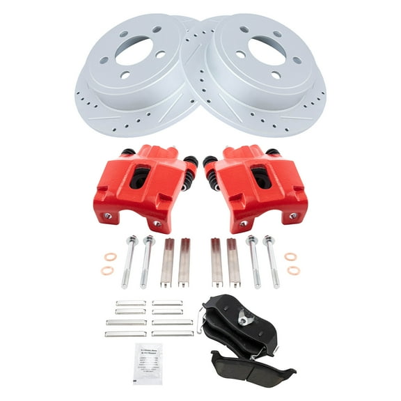 TRQ Rear Performance Brake Pad & Rotor Kit Brake Caliper Brake Pads Brake Rotors Set Ceramic Premium G-Coated Red Fits Select 2003-2007 Jeep Liberty 2003-2006 Wrangler