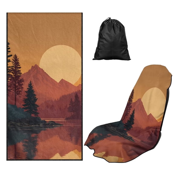 Bulopur Retro Front Car Seat Towel for Men Sunset Mountain Breathable Sweat Carseat Protector with Storage Bag for Running Sport Soft Fit SUV Sedan Truck 1pcs