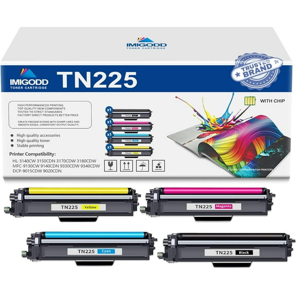 4-Pack TN225 BK/C/M/Y Toner Cartridge (with Chip) Replacement for Brother High Capacity with HL-3140CW 3150CDN 3170CDW 3180CDW MFC-9130CW 9140CDN 9330CDW 9340CDW DCP-9015CDW 9020CDN Printer