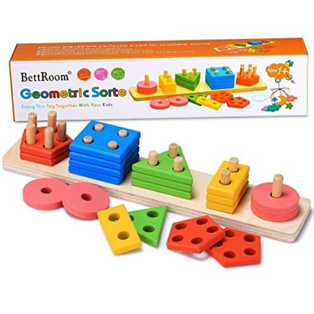BettRoom Wooden Educational Preschool Toddler Toys for 1 2 3 4-5 Year Old Boys Girls Shape Color Recognition Geometric Board Blocks Stack Sort Kids Children Non-Toxic