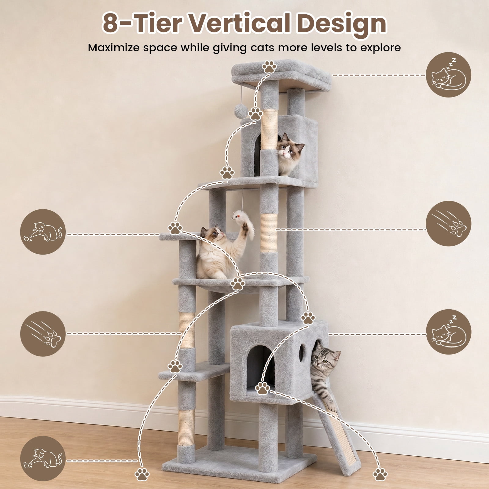 70" Cat Tree Tower, Heavy Duty Cat Tower for for Multiple Adult Cats, Multi-Level Tall Cat Tree with 2 Condos, Hammock and Scratching Post for Indoor Kitties, Light Grey
