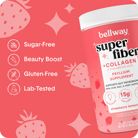 Bellway Super Fiber + Collagen, Sugar-Free Psyllium Husk Fiber Supplement, Strawberry Lemonade, 11.5 Oz