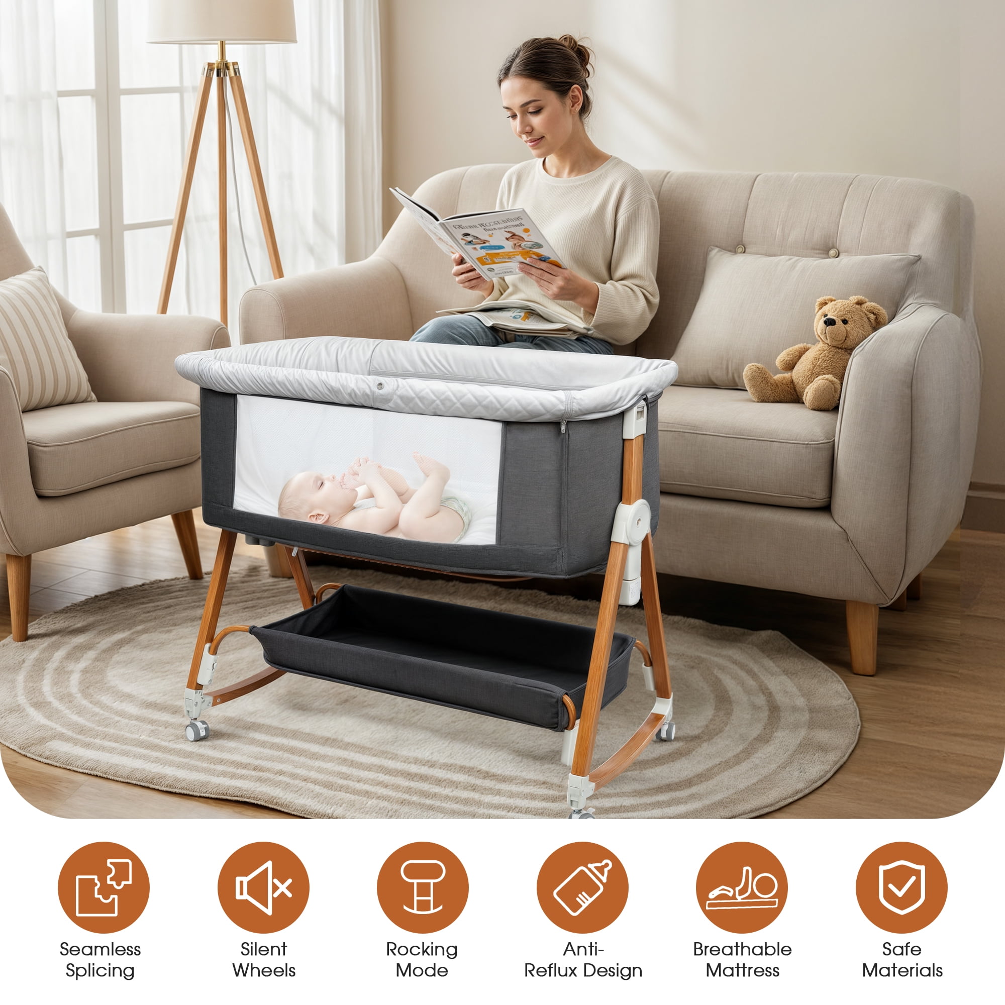 Haoyunduo Baby Bassinet, Foldable Baby Crib with 6 Adjustable Heights and Storage Basket for Infant Newborn Child, Gray