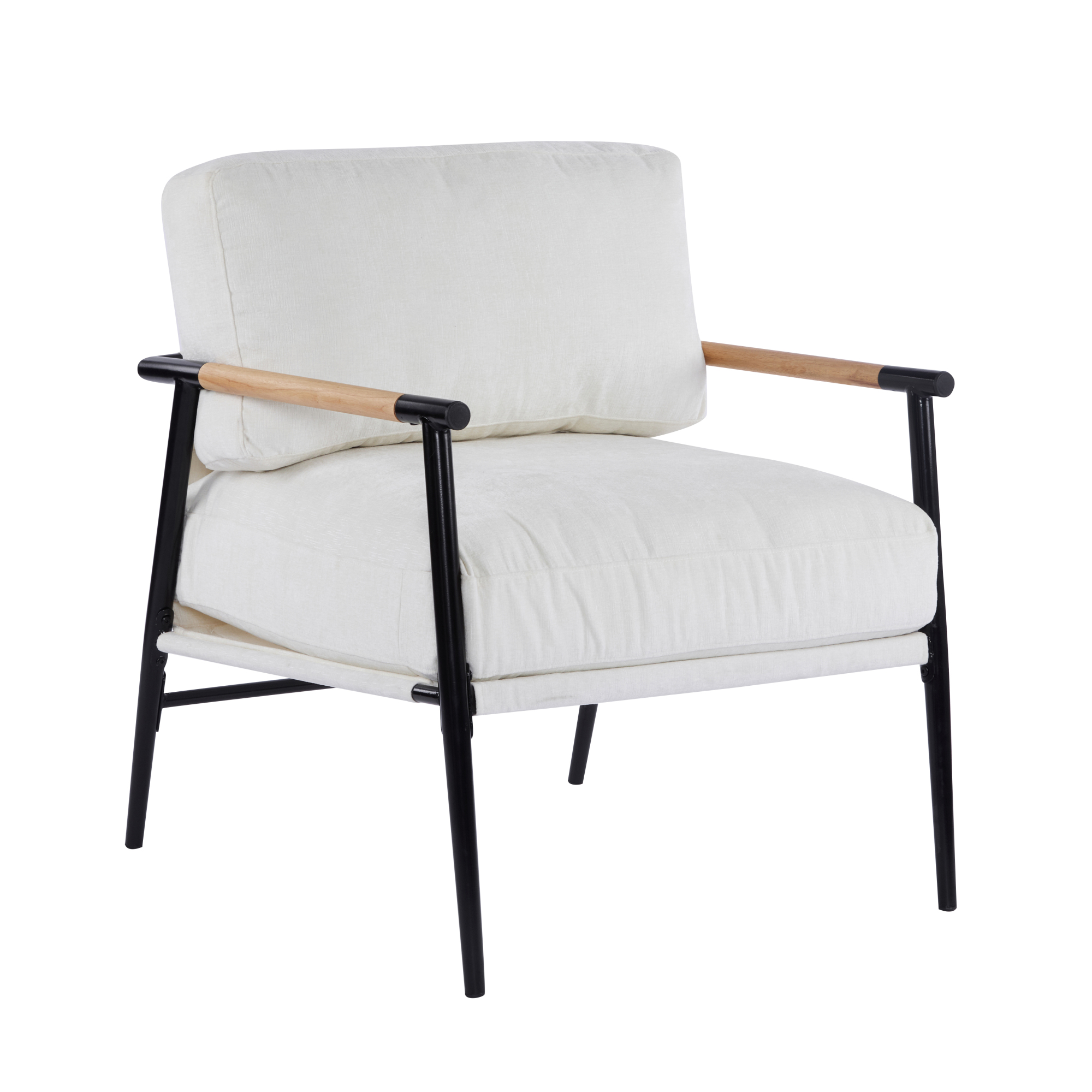 Leumius Modern Accent Chair with Plush Cushions, Minimalist Metal Frame and Wooden Armrest Design for Living Room Bedroom Office Beige