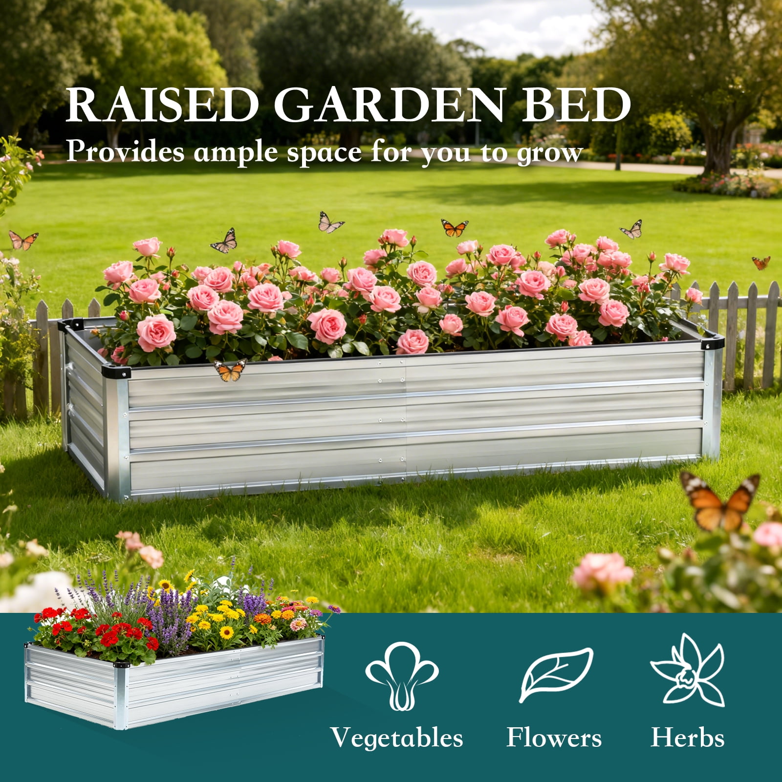 EDX Outdoor 2-Pack Metal Raised Garden Bed 6x3x1FT, Steel with Support Bars, Rust-Resistant Coating, Open Base for Drainage, Silver