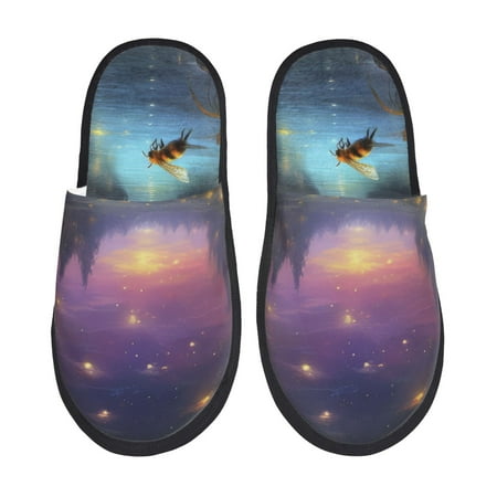 

Fuzoiu Magical Bees Twilight River Print Unisex Furry Slippers Plush Indoor Shoes Trendy House Slippers Anti-Skid EVA Sole House Shoes for Home Office and Travel -Medium