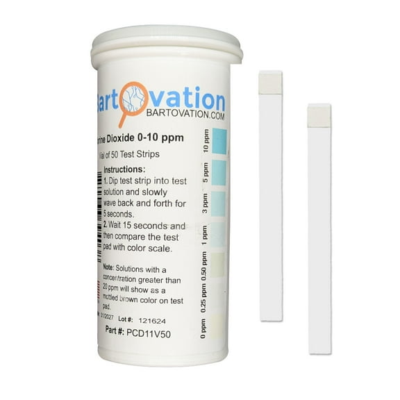 Low Level Chlorine Dioxide Test Strips, 0-10 ppm [Vial of 50 Plastic Strips] *NOT FOR POOLS*
