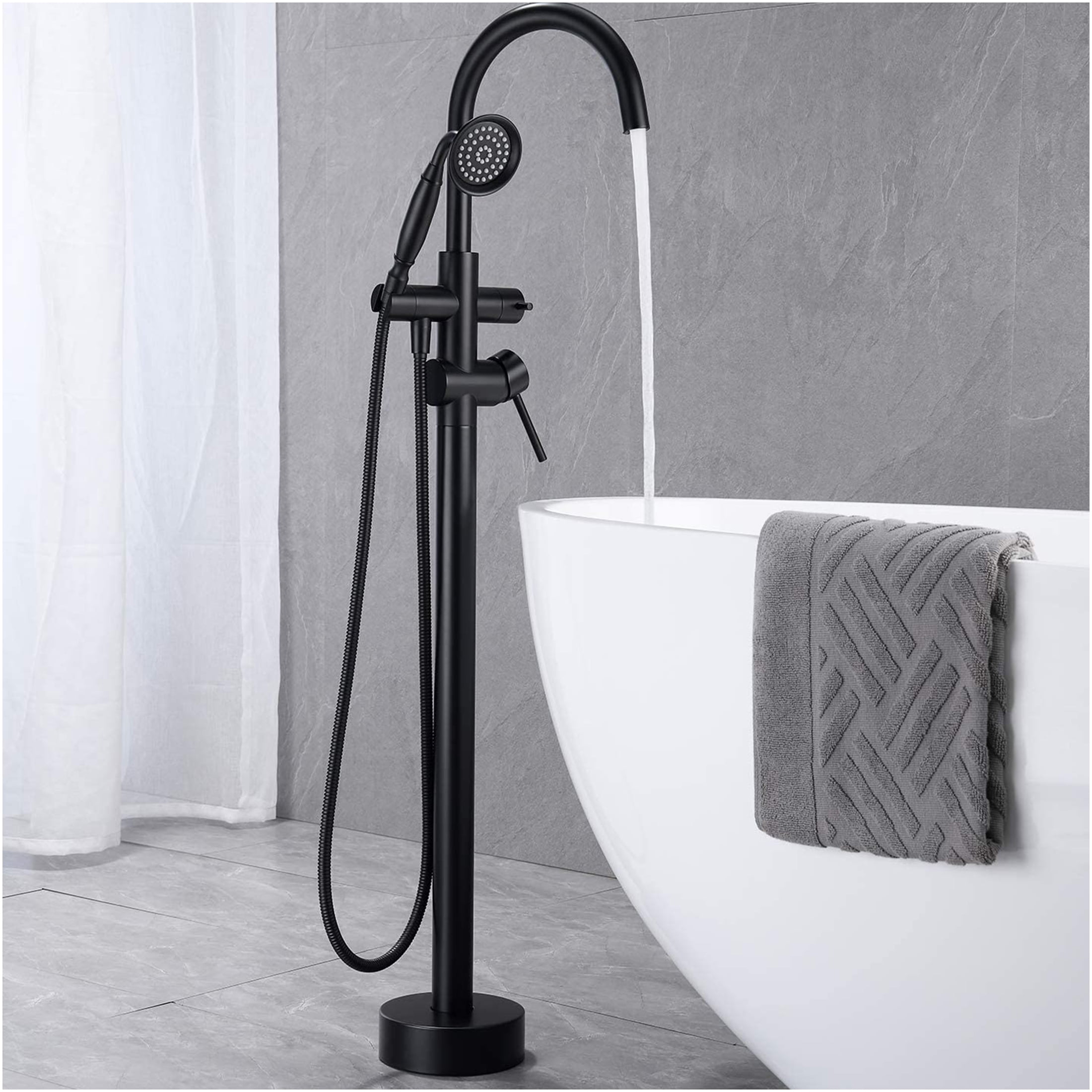 JERFIT Floor Mounted Freestanding Bathtub Faucet with Handheld Shower, Matte Black Finish, High Arc Brass Spout for Modern Bathroom
