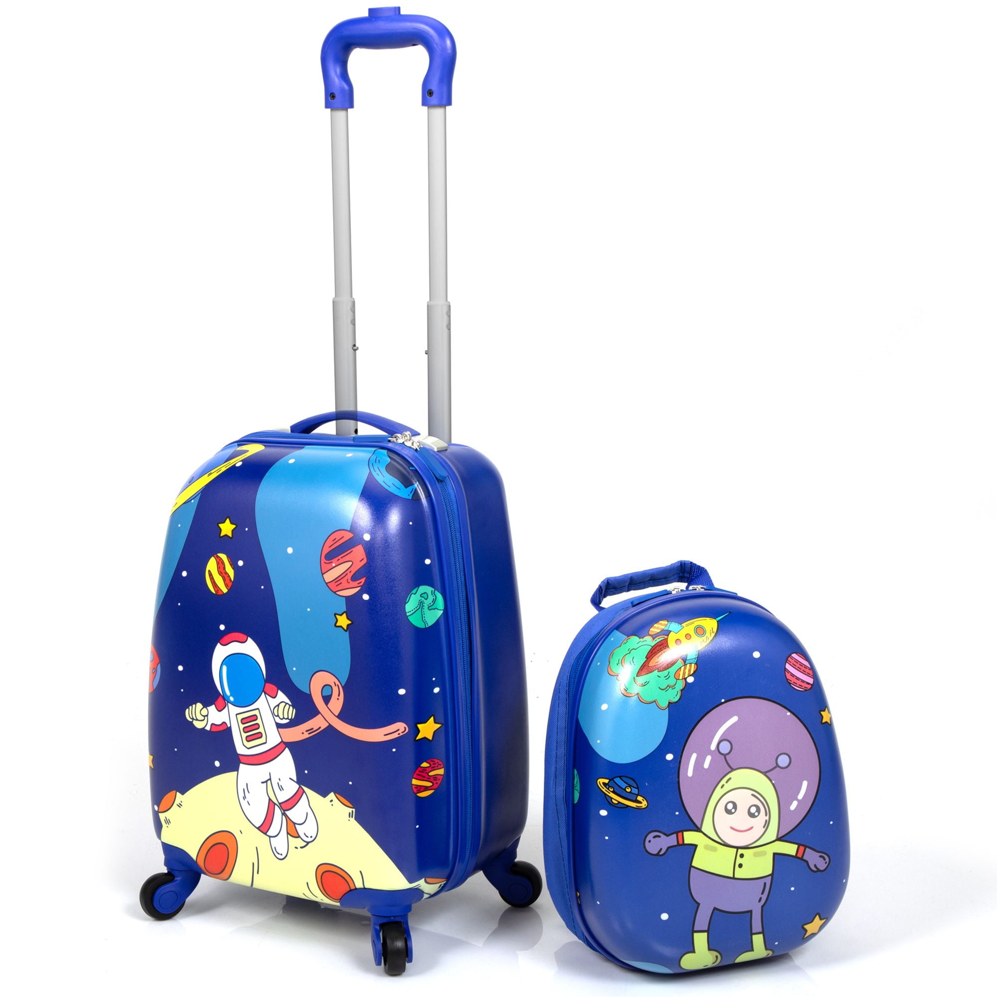 Costway 2PCS Kids Luggage Set 18'' Rolling Suitcase & 12'' Backpack Travel  ABS Spaceman Blue