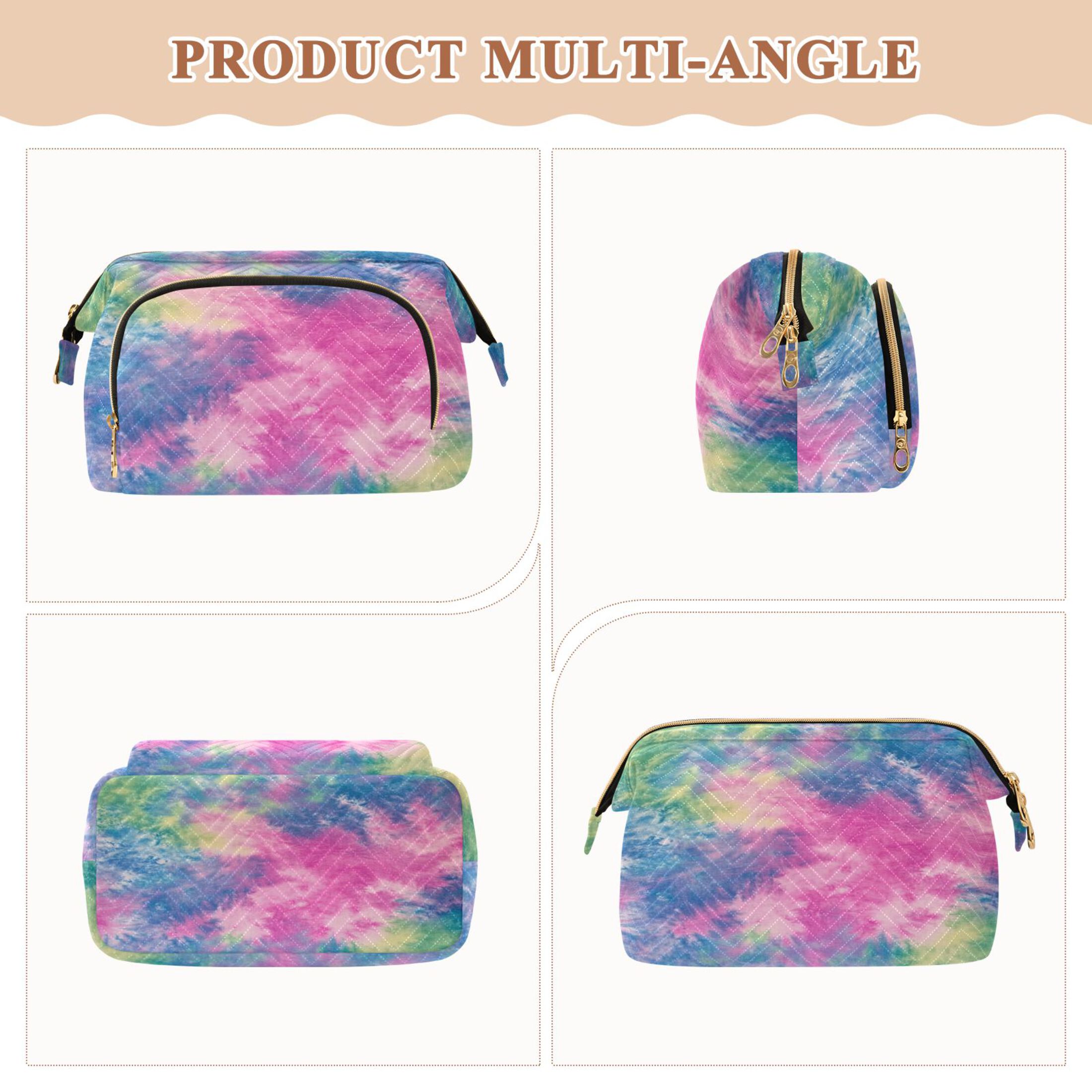 Wavy Quilted Cosmetic Bag Large-Capacity Travel Toiletry Organizer Includes 9-Piece Portable Travel Bottle Set Green Pink Blue Tie-dye
