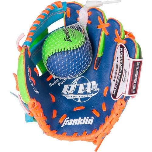 Franklin Sports 9.5" Tee Ball Recreational Glove with Ball, Blue Lime Orange, Left-Handed Thrower by Franklin Sports