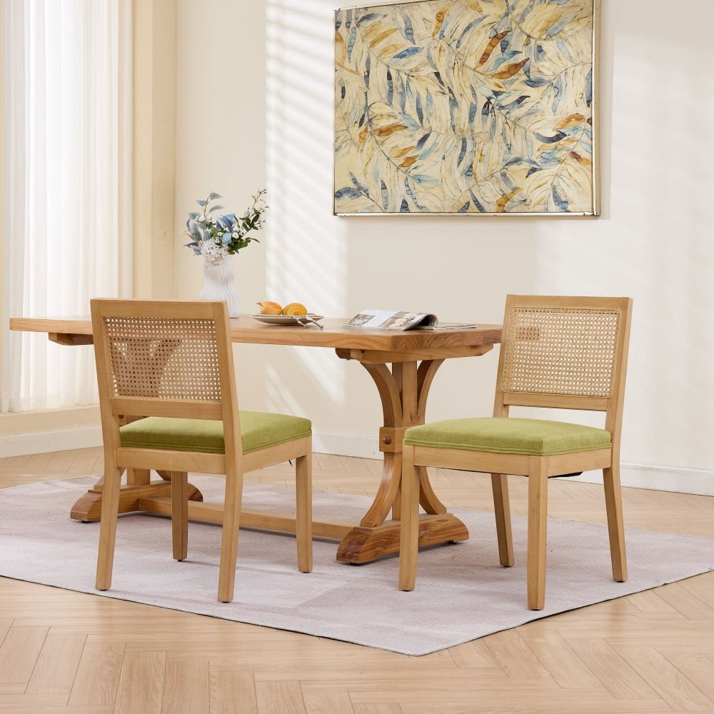 Rattan Dining Chairs Set of 2, Farmhouse Mid Century Modern Kitchen Chairs with Cane Backrest, Linen Upholstered Seat, Solid Wood Frame, Olive Green