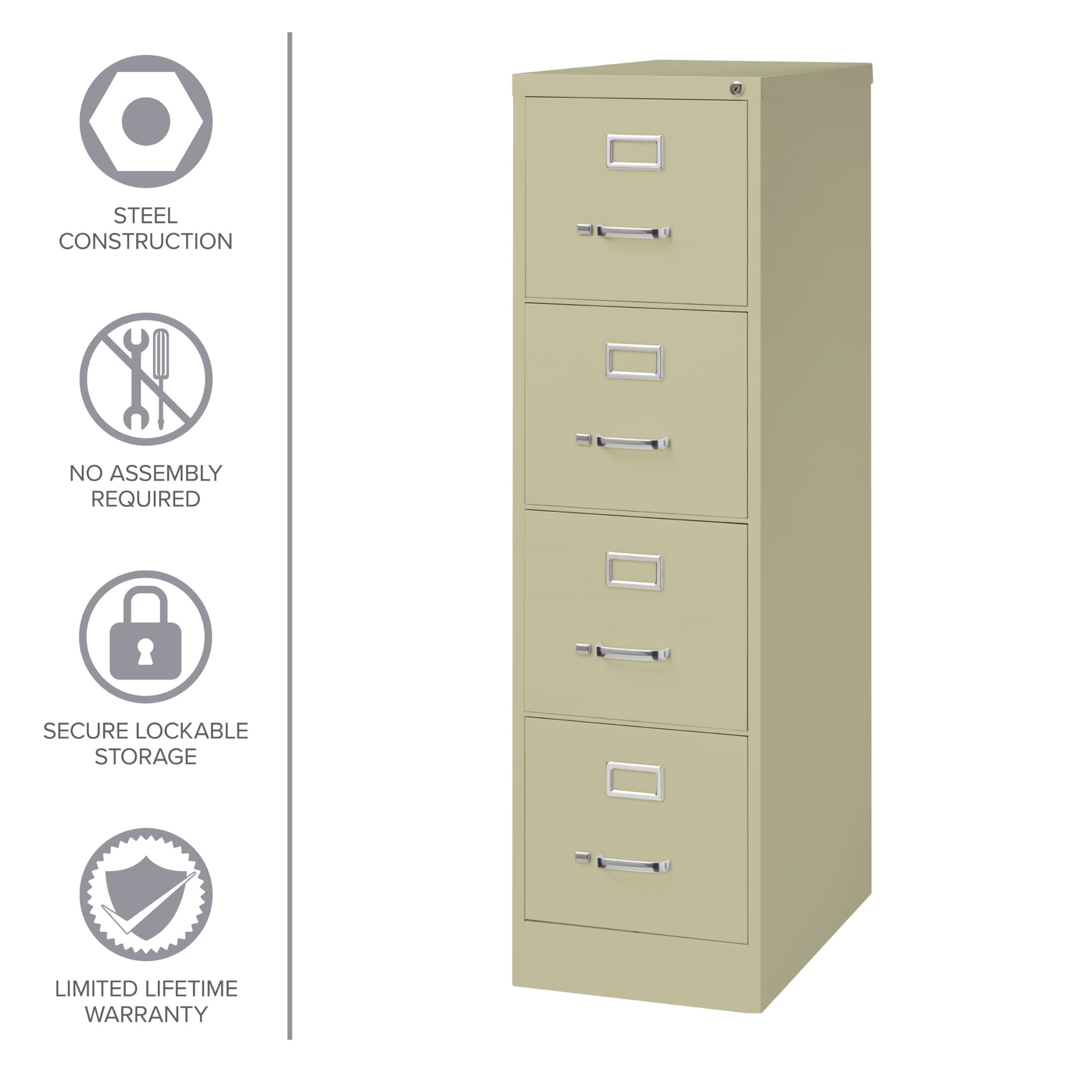 Hirsh Pro 4 Drawer Letter Locking Metal Vertical File Cabinet, 25" Deep, Putty