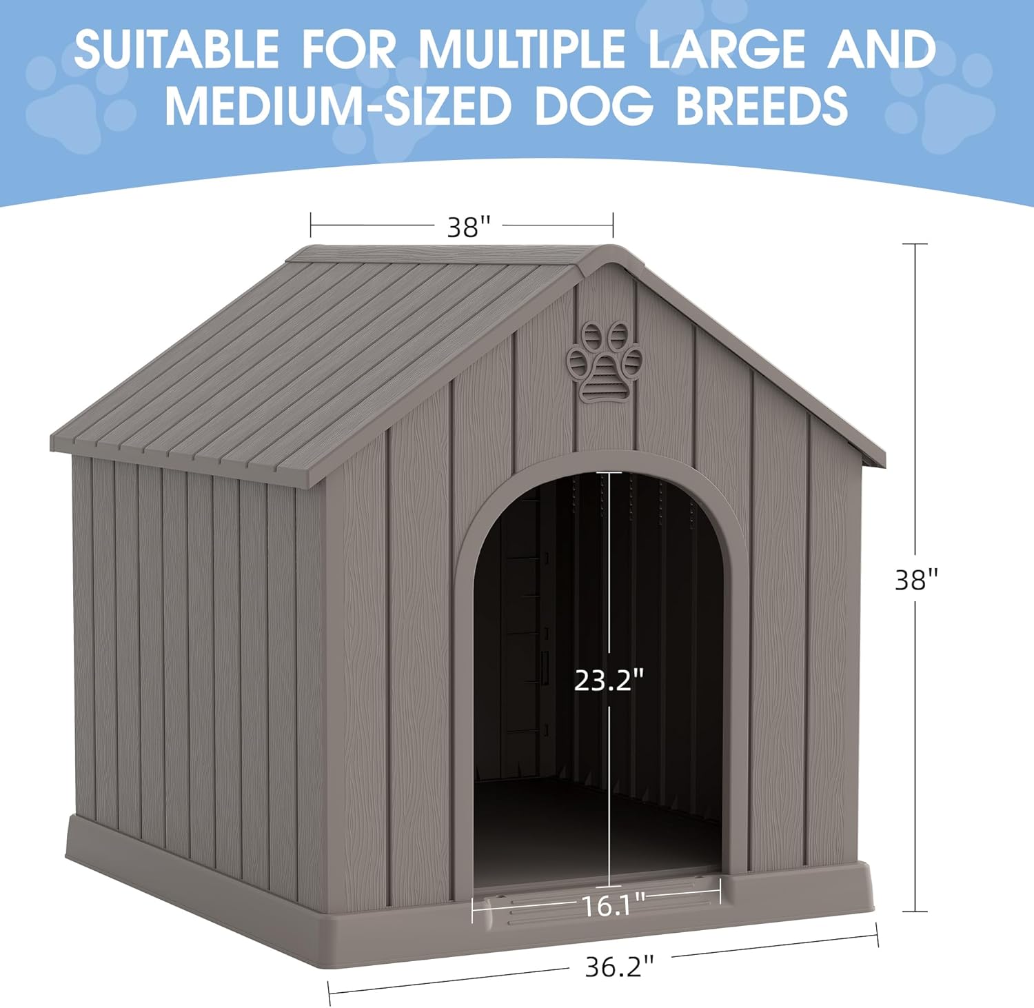 Large Dog House Outdoor Indoor, Durable Plastic Waterproof Doghouse with Air Vents and Elevated Floor, Easy Clean and Assemble for Medium Large Dogs (Classic Grey, 36.2''L×38''W×38''H)