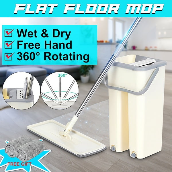 Willstar Hand-Free Flat Squeegee Mop and Bucket Wringing Floor Cleaner Easy  Self Cleaning Dry Wet Dual Use 