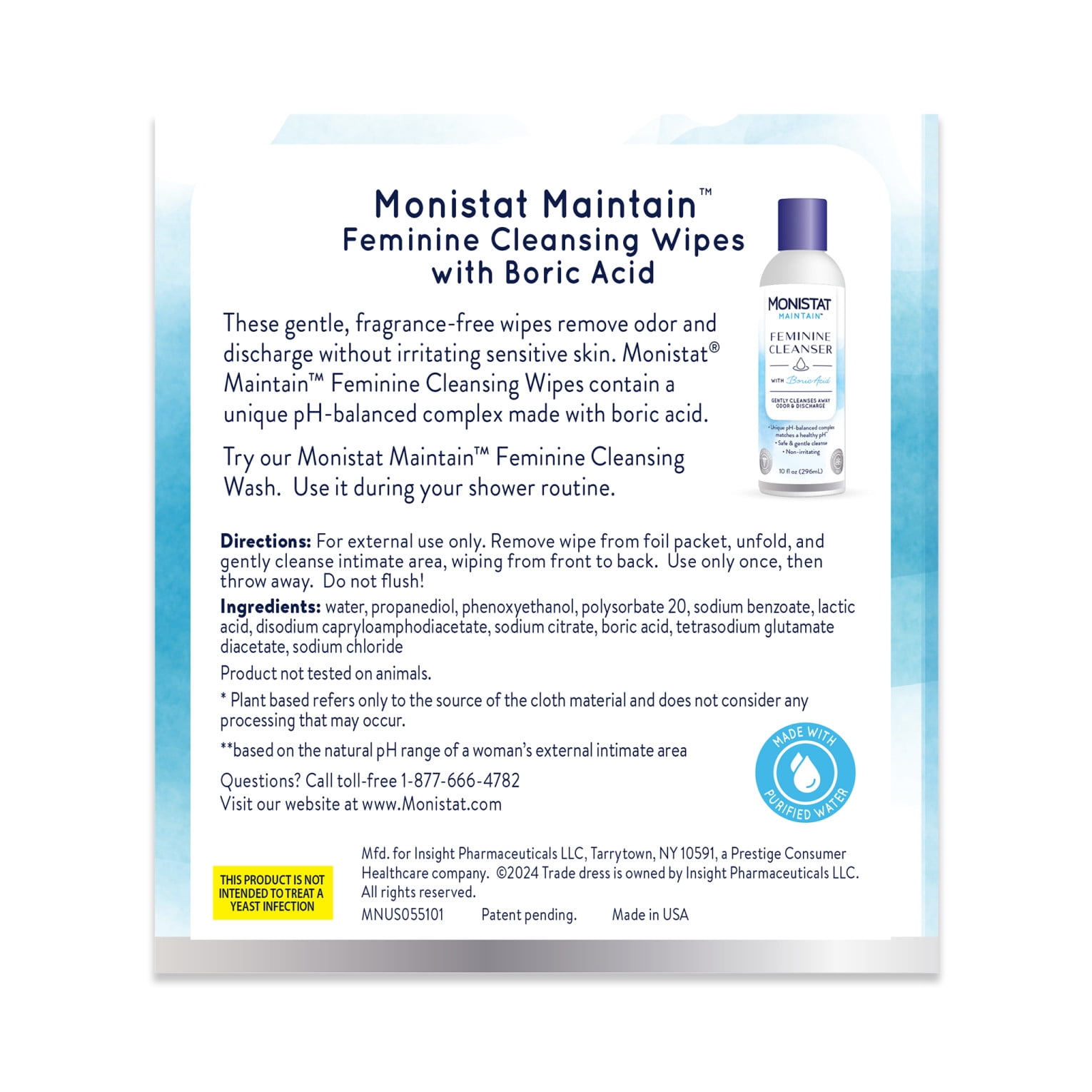 (6 pack) Monistat Maintain Feminine Wipes with Boric Acid for Feminine Care, Fragrance Free, 12 Ct