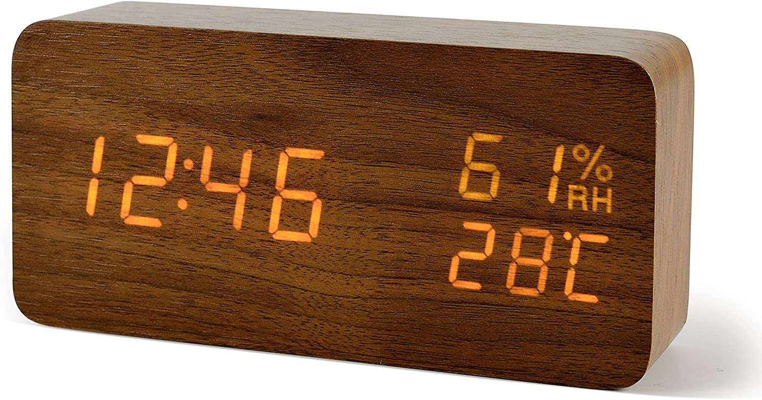 Digital Wooden Alarm Clock Control Time Temperature Date & Voice Touch Display 
