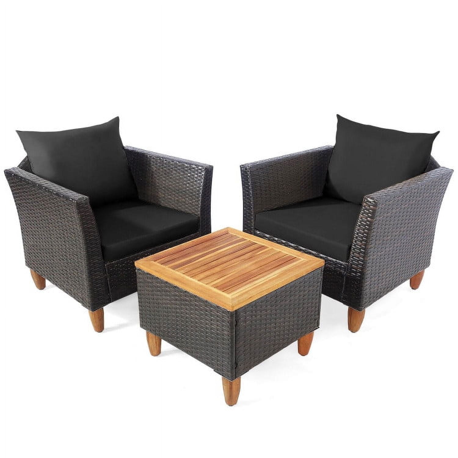 Aimee Lii 3 Pieces Patio Rattan Bistro Furniture Set with Wooden Table Top, Outdoor Patio Furniture, Black
