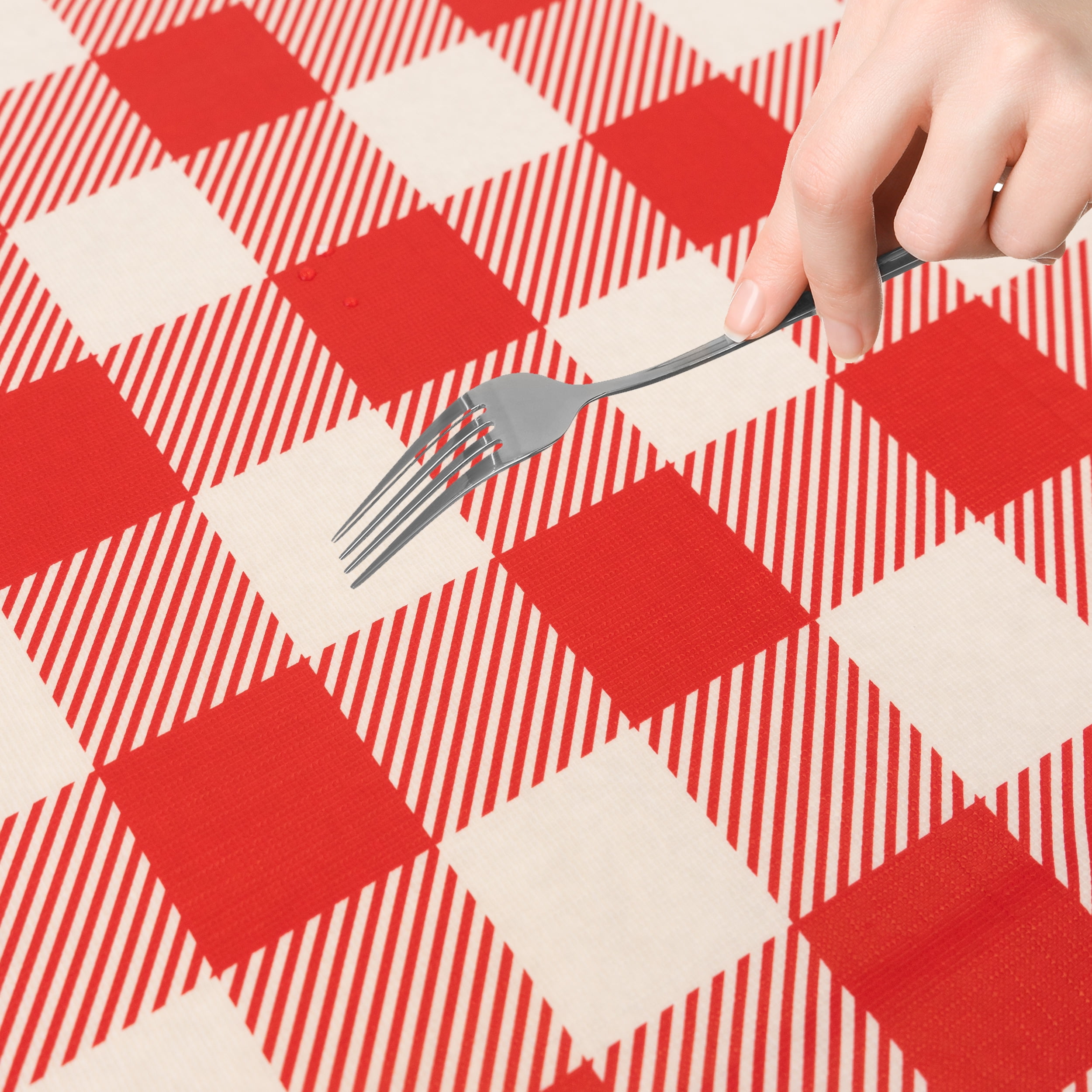 Waverly Inspirations Rectangular Elastic Fitted Table Cover Waterproof Vinyl Tablecloth With Flannel Backing, 6Ft Table, 72" x 30", Gingham Red, 1 PK