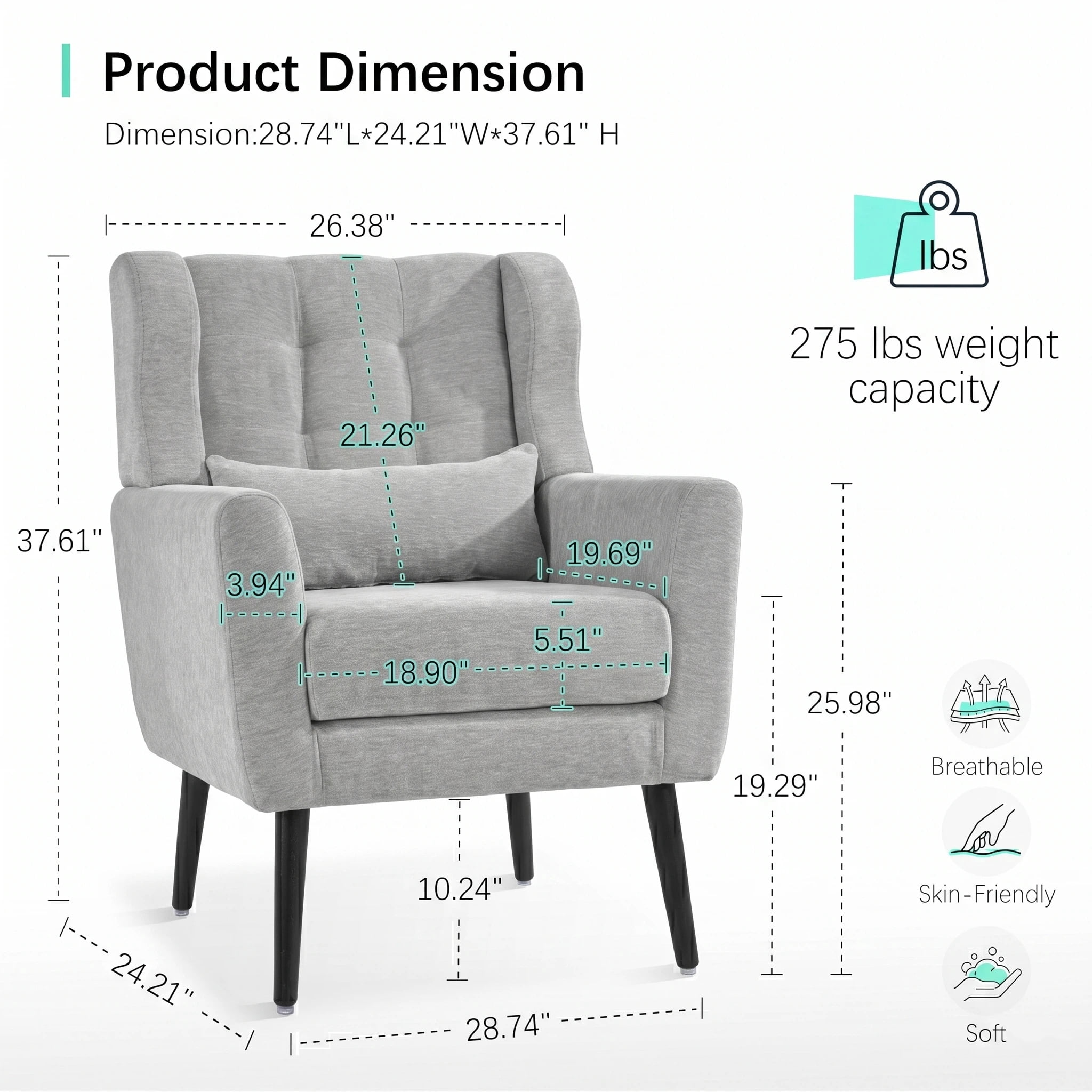 AISWORD Modern Accent Chair, Upholstered Armchair with Pillow, Fabric Single Sofa Chair with Lounge Seat and Wood Legs Accent Chair for Living Room Bedroom Small Spaces, Grey