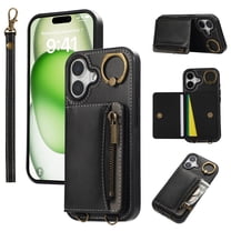 Dteck Wallet Case for iPhone 16, Magnetic Clasp Zipper Purse PU Leather Wristlet Wallet Case with Credit Card Slot Holder Back Flip Cover with Strap for iPhone 16 2024, Black