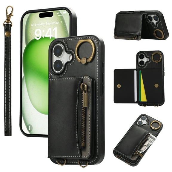 Dteck Wallet Case for iPhone 16 Plus, Magnetic Clasp Zipper Purse PU Leather Wristlet Wallet Case with Credit Card Slot Holder Back Flip Cover with Strap for iPhone 16 Plus 2024, Black