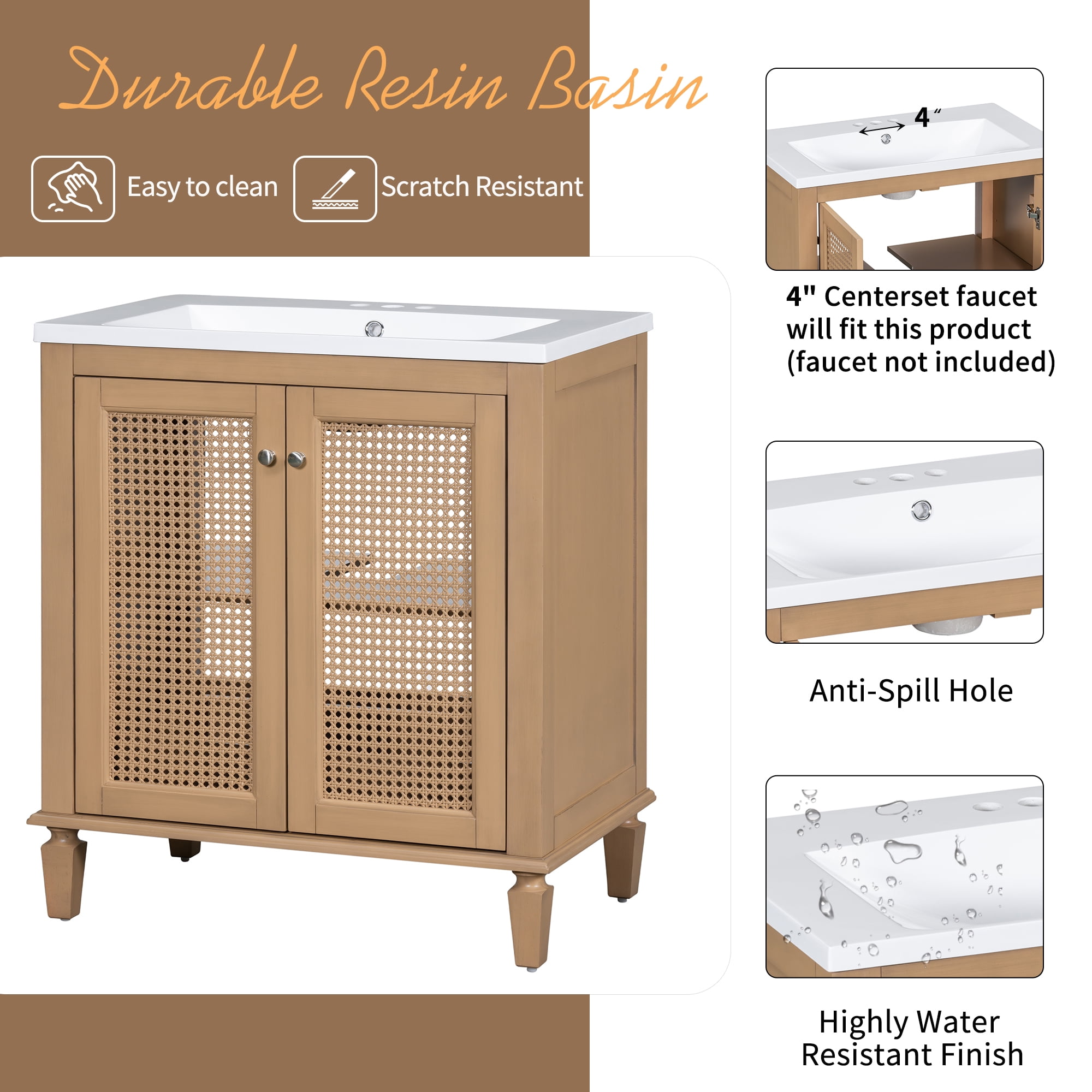 Euroco 30 Inch Bathroom Vanity with Resin Sink, Freestanding Bathroom Vanity Set with Hidden Drawer, Storage Cabinet for Bathroom, Solid Wood Frame Bathroom Cabinet