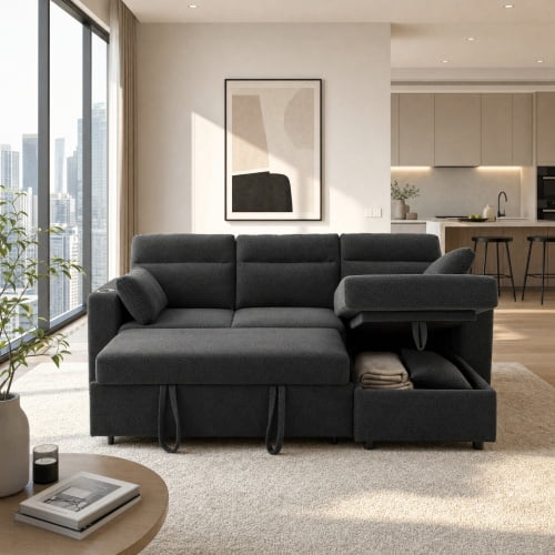 82.5" Convertible L-Shaped Pull-Out Sectional Sofa Bed with Storage Chaise, Cup Holders, and 2 Pillows, Modern Foil Fabric Sleeper Sofa for Living Room, Apartment, Dark Gray
