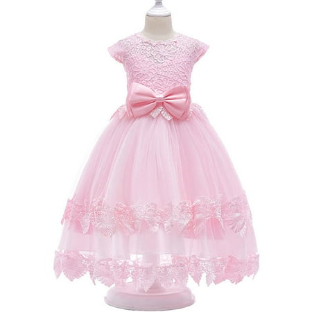 Unomatch Kids Girls Bow Waist Lace Decorated Wedding Dress