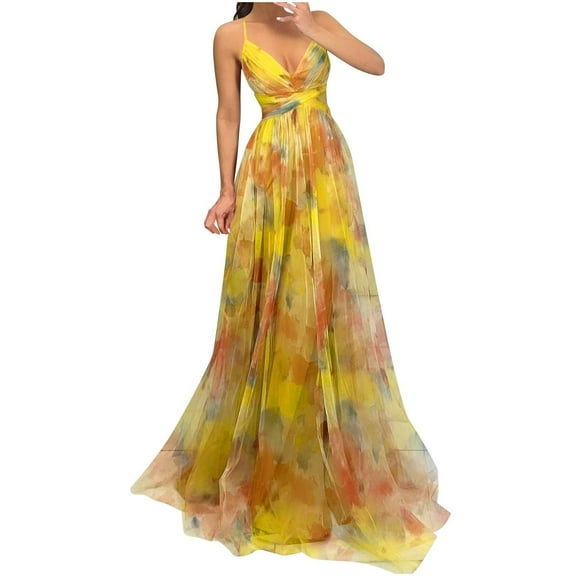 Kaliqueen Floral Print Dresses for Women V-Neck Sleeveless Spaghetti Straps Tulle A Line Dresses Elegant Homecoming Cocktail Dress