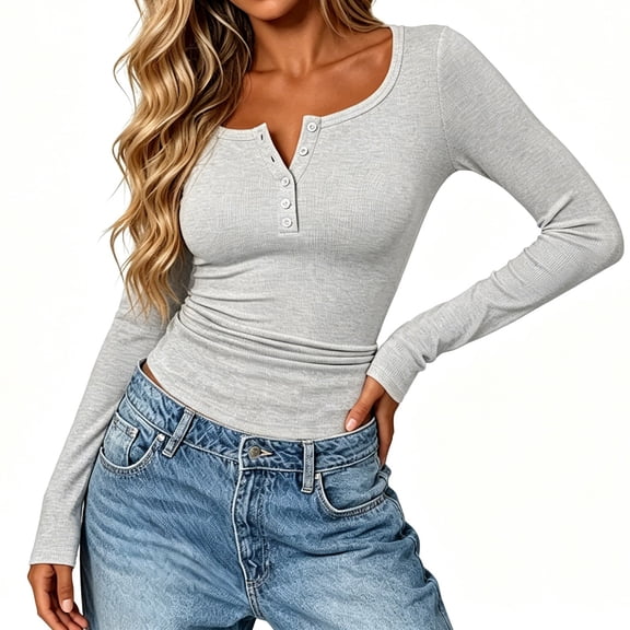 Yrmaups Casual Slim Fit Long Sleeve Henley Shirt for Women, Round Neck Button Down Solid Tee, Soft Cotton Top for Home Office Travel Daily Wear, Gray 2XL