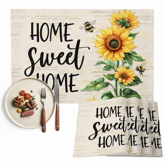 Placemats Set of 6, Sunflower Sweet Home Place Mats Bee Beige Tablemats Washable Placemat Table Decoration for Kitchen Table Dinner Party Home Decor Indoor Outdoor 13x19 Inch