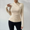 thumbnail image 4 of Women's T-Shirts Long Sleeve Womens Fall Tops Autumn Winter With A Neckline Slim Fit Versatile Pleated Blouses Casual Beige XL, 4 of 9